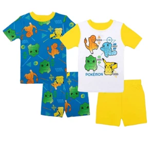Pokemon Pajamas Set Shorts T Shirt Pants Boy 6 8 10 Cotton 4 PC Kids Pikachu NWT - Picture 1 of 4