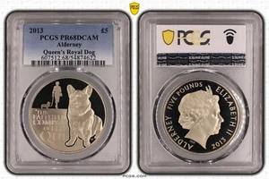 ALDERNEY PROOF 5 POUNDS COIN 2013 YEAR KM#239 CORGI QUEEN`S ROYAL DOG PCGS PR68 - Picture 1 of 3