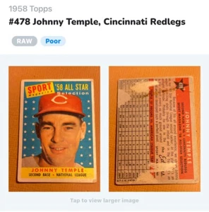 1958 ~ JOHNNY TEMPLE #478 TOPPS / BASEBALL CARD - CONDITION / POOR - FAIR 1.5 - Picture 1 of 18