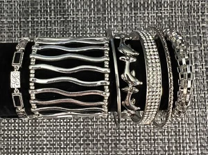 Lot Of 7 Piece Silver Tone Cuff Bangle Bracelet Set Vintage - Modern Jewelry C14 - Picture 1 of 4