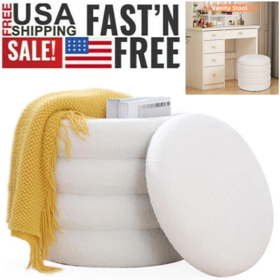 Modern Round Ottoman With Storage Sherpa Foot Rest for Makeup Room Living Roo - Image 1 of 4