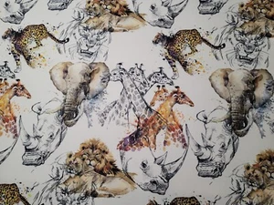 Printed Velour Velvet Upholstery Fabric 355g/m2 African Animals on White - Picture 1 of 3