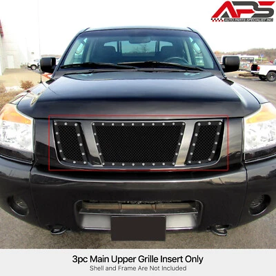 Fits 2008-2015 Nissan Titan Main Upper Stainless Steel Black Mesh Rivet Grille - Image 1 of 4