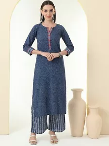 Indian Women Navy Blue & White Cotton Floral Printed New Kurta with Palazzo Set - Picture 1 of 8