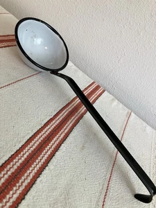 Vintage Enamel Ware Water Ladle Dipper Black Hooked Handle White 13” Long Rustic - Picture 1 of 24