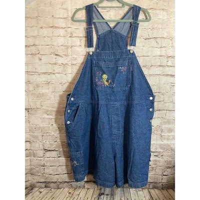 Vintage Looney Tunes Denim Overalls 26W/28W Tweety Bird Embroidered Short Romper - Image 1 of 4