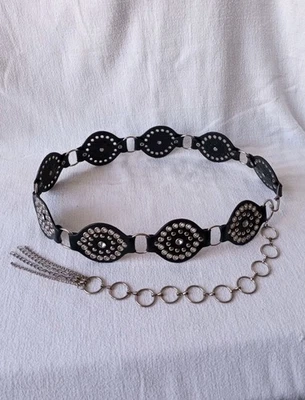 BOHO STUDDED BLACK LEATHER SILVER TONE METAL CHAIN BELT Adjustable 36L (36"-42") - Image 1 of 4