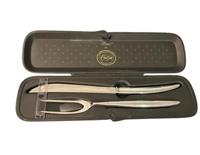 Carvel Hall 2 Piece Chrome Meat Carving Knife& Fork Utensil Set In Original Case - Image 1 of 4