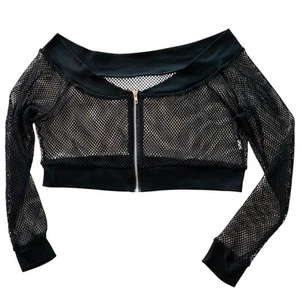 Y2K Crop Top Black Mesh Zips Gothic Grunge Sexy Witchy Dark Steampunk M - Picture 1 of 11