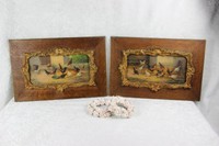 PAIR antique 19thc French oil panel painting chicken rooster farm louis XVI  