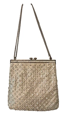 VINTAGE Purse w/Crystal Rhinestones & Silver Kiss Lock Clasp Handbag Wristlet - Image 1 of 4