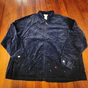 Quacker Factory Womens Jacket Sz 2X Blue Rhinestones Velvet Cotton Full Zip - Picture 1 of 10