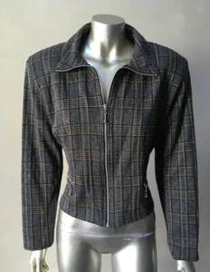Tweed Plaid Vintage 90s Cropped Gray short Zip Up Jacket Coat S - Picture 1 of 5