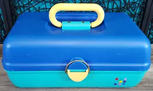 VTG Caboodle Make Up Case Teal BLUE Yellow Travel #2602 SLIDING TRAYS MADE USA - Picture 1 of 18