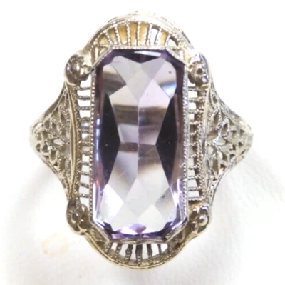 Antique 1920's Amethyst 14K White Gold Filigree Ring Size 5 UK-J1/2 4 CTTW Deco - Image 1 of 4