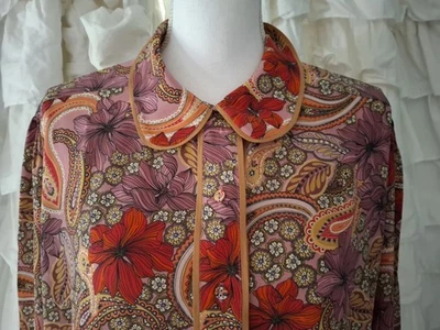 Johnny Was Top 2X Piped Amie Floral Paisley Rojo Púrpura Naranja Dorado Botón Frontal Foto 1 de 4