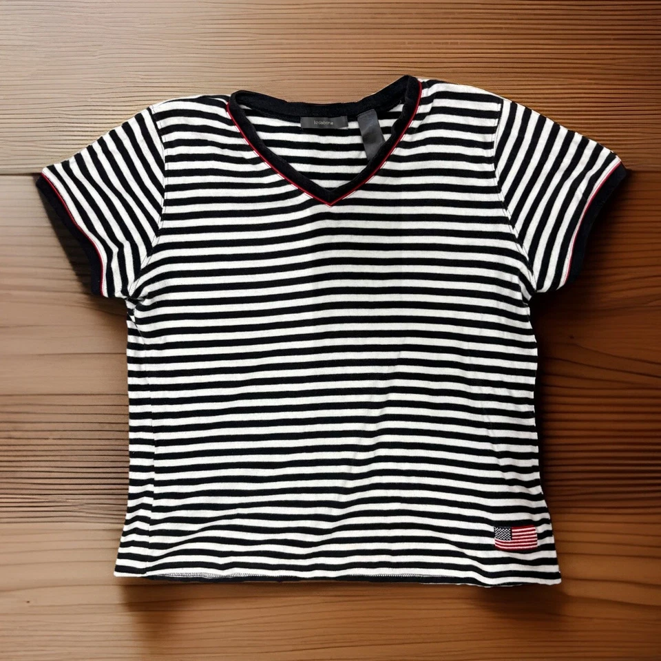 Camiseta bebé a rayas bandera Liz Claiborne Y2K para mujer L 4 de julio vibraciones retro EE. UU. Foto 1 de 4