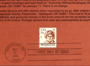 USPS FDC First Day Cover Souvenir Sheet Sequoyah Regular Stamp Scott #1859 - Picture 1 of 2