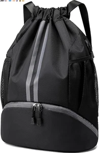 Sports Drawstring Backpack - String Swim Gym Bag with Shoes Compartment and Wet - Picture 1 of 9