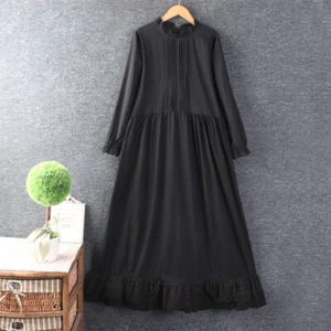 Midi Lace Dress Ruffle Women Long Sleeve Loose Round Neck Solid Retro Cute Sweet - Picture 1 of 18