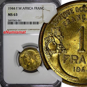 French West Africa Aluminum-Bronze 1944-L 1 Franc NGC MS63 Laureate Head KM2 (1) - Picture 1 of 4