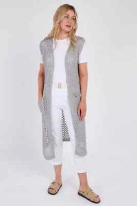 Cardigan donna donna uncinetto smanicato maxi top giacca rete pesce lungo estivo - Foto 1 di 30