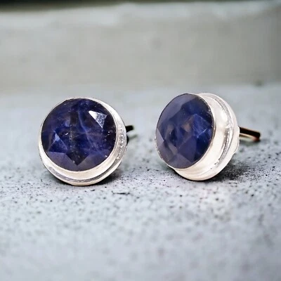 Natural Blue Sapphire Gemstone Stud Dainty Earrings 925 Silver For Women - Image 1 of 4
