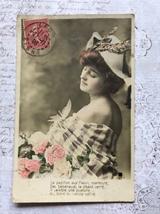 Beautiful Lady Theatrical French Fashion Flowers Dragonfly Vintage Postcard  - Picture 1 of 6