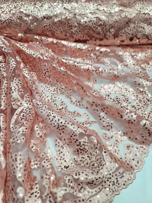 Fabric Sold by The Yard Coral Embroidery Lace Sequin On Mesh Prom Dress Damask  - Image 1 of 4