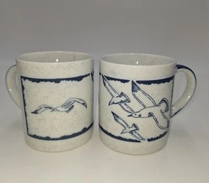 Vintage Otagiri Japan Stoneware Speckled Mug Seagulls In Flight Blue Set Of 2 - Picture 1 of 4