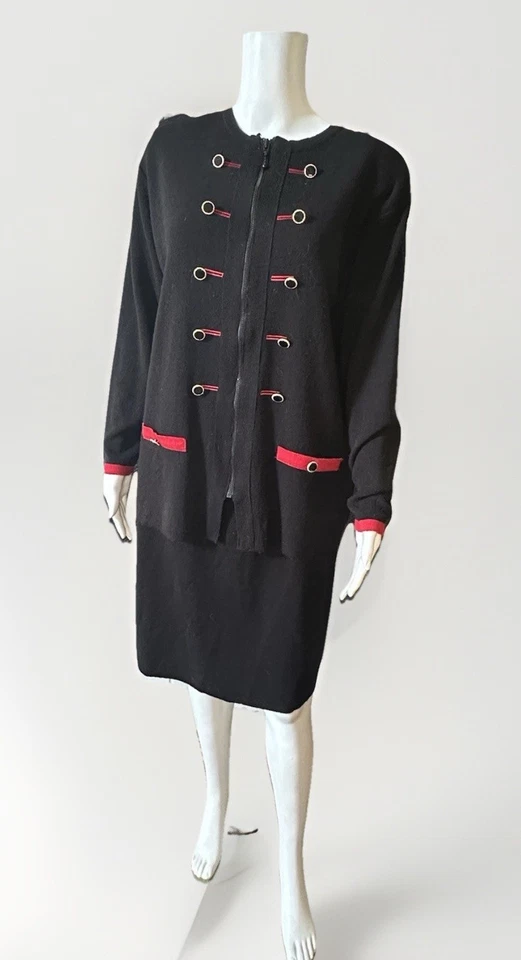 Conjunto Suéter Falda y Cárdigan Adolfo Collectibles Cremallera Mezcla Lana Lg Negro Rojo Foto 1 de 4