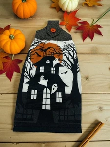 Halloween Geschirrtuch zum Aufhängen mit Geistern und orangem Mond schwarz Handtuch - Bild 1 von 6