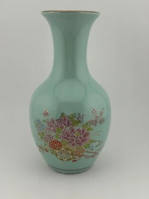 Vintage Pale Blue 6" Vase Decorated with Flower Cart Floral Made in Taiwan - Image 1 of 4