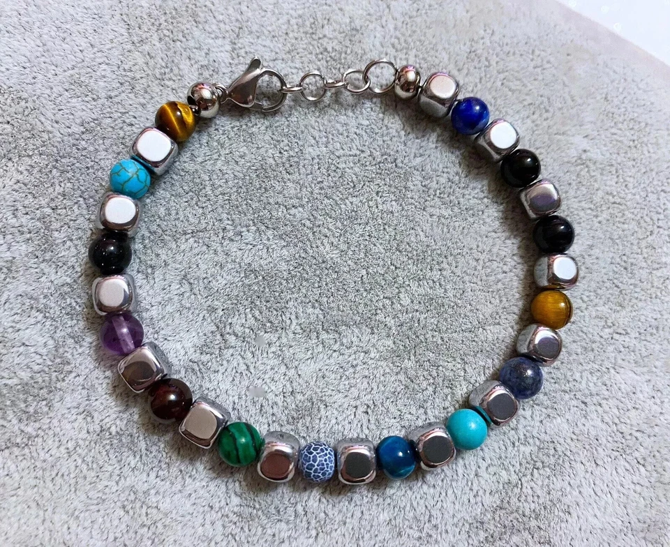 Bracciale Uomo Donna in Pietra Naturale Turchese Lapislazzuli Ametista cubi 6mm - Immagine 1 di 1