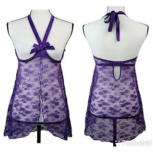 Fredericks of Hollywood Purple Open Cup Babydoll L Lace Sheer Halter Lingerie