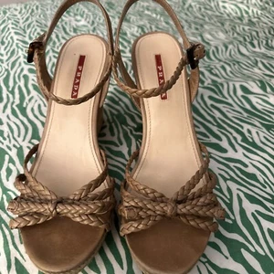 Prada Sport Womens Shoes Wedge Braided Leather Tan Espadrilles Cork Sandals 38.5 - Picture 1 of 9