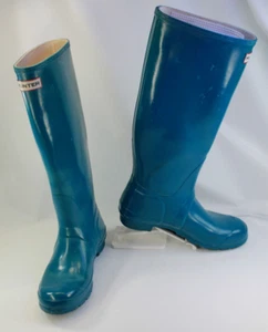 Hunter Original Tall Rain Boots sz 8 F 7 M Glossy Military Blue Rubber W23616 - Picture 1 of 12