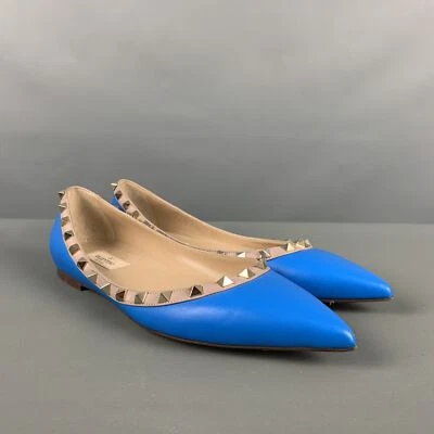 VALENTINO Talla 10 Azul Nude Cuero Con Ribete En Contraste Bailarinas - Imagen 1 de 4