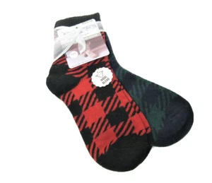 2 PR Muk Luks Ladies Boot Socks Touch of Wool Houndstooth Check Red / Navy - Picture 1 of 1