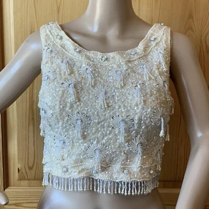 Vintage 50s 60s Ivory Knit Crop Top Size S Bead Sequins Faux Pearls Embellished - Picture 1 of 22