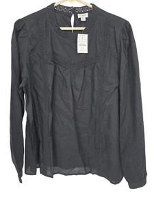 J. Crew Größe XL Damen Top schwarz Baumwollmischung Häkelspitzendetail neu mit Etikett - Bild 1 von 5