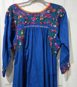 Vestido Oaxaqueño Azul Grande Manga Larga Lindo Boho Hippie Coachella - Imagen 1 de 10