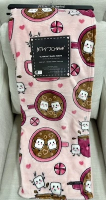 Betsey Johnson Christmas Hot Cocoa & Marshmallows Pink Plush Throw Blanket BN - Image 1 of 3
