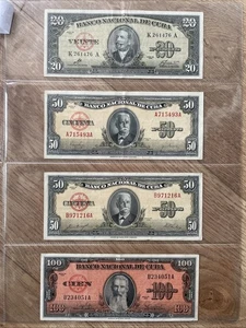 IBERMONEDA| Isla del Caribe. 1950-60. 4 billetes de 20 a 100 pesos diferentes. - Bild 1 von 2