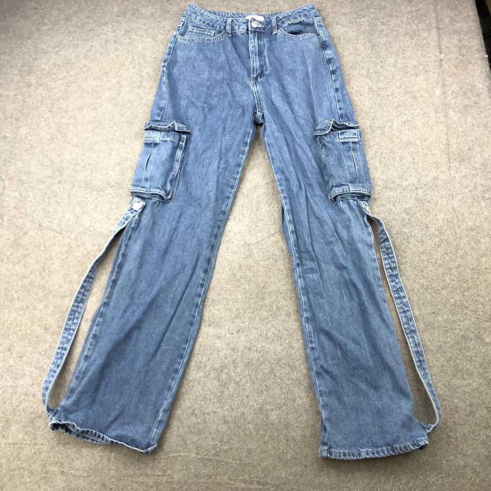 Forever 21 牛仔裤女式 26 工装宽腿实用侧肩带 Y2K 垃圾裤 — 第 1/4 张图片