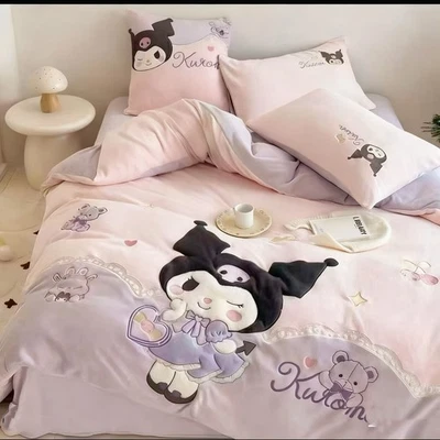 Kuromi Pink 3D Embroidery Velvet Duvet Cover Set 3-Piece Soft Cute Bedding - Image 1 of 4
