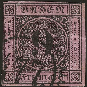 1851 Germania Antichi Stati Baden - 9 k. lilla rosa usato - Picture 1 of 2