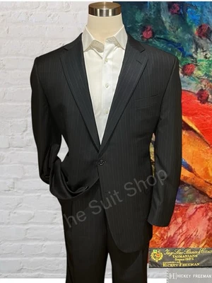 Ing Loro Piana Hickey Freeman Mens 48L 42x32 Black Gray Stripe Suit Super 150s - Image 1 of 4