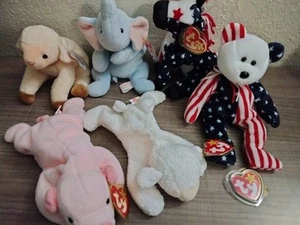 Neu mit Etikett Menge 6 TY Beanie Babys Schwein-Lämmer-Elefant-Esel Anhänger Schutz Hülle aufbewahrt - Bild 1 von 17