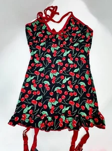 VTG Y2K Black/Red Cherries Slip Lingerie Dress Garters Rockabilly Babydoll szS/M - Picture 1 of 9